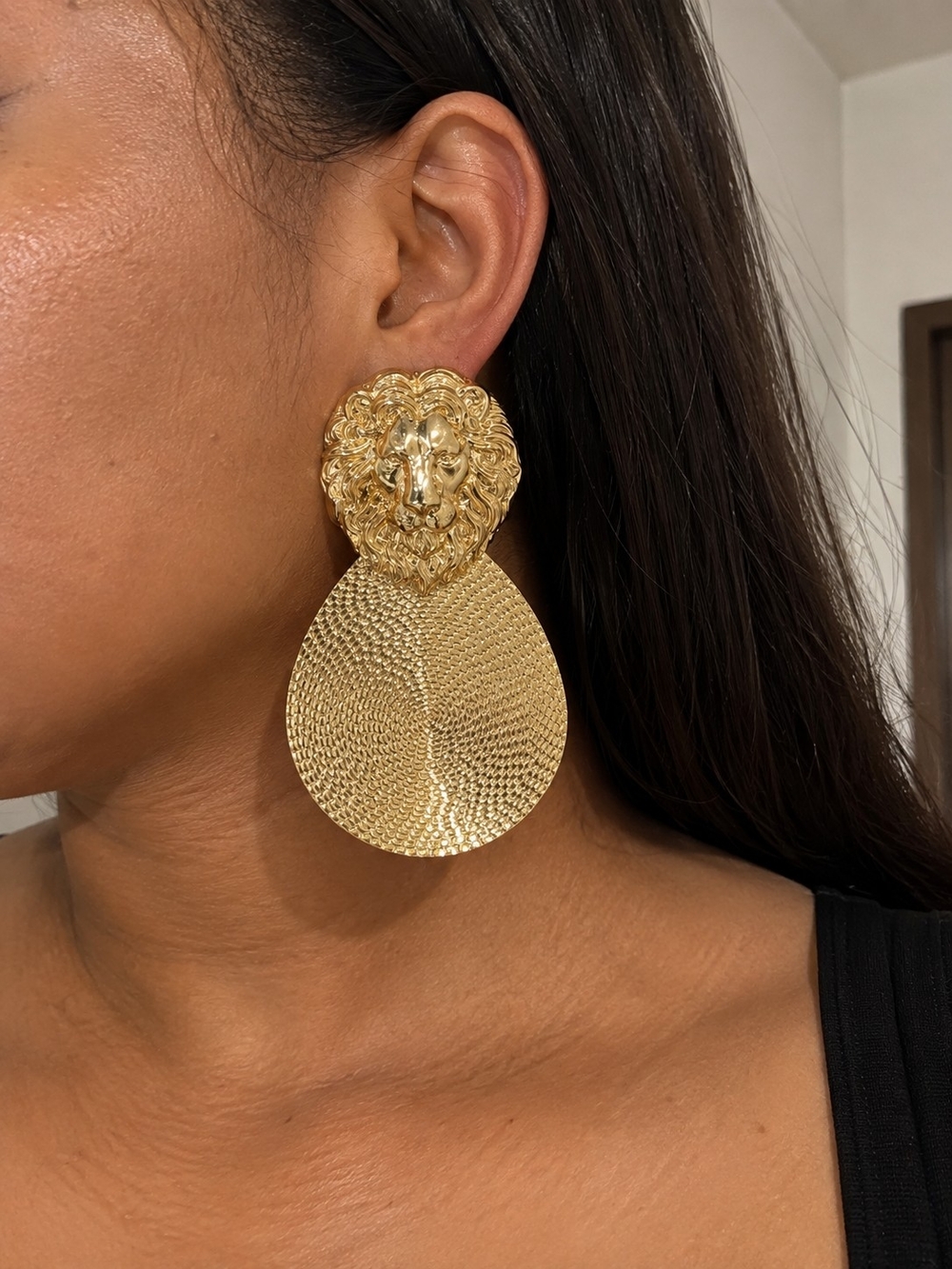 Gold Lion Head Disc Drop Earrings - Women Jewelry
